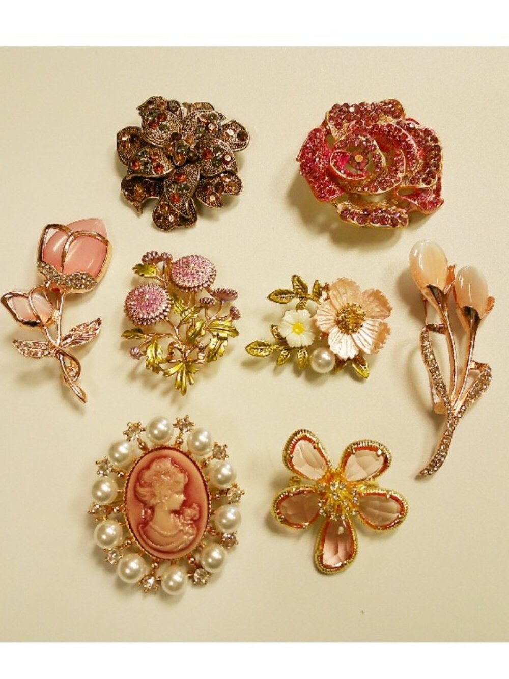 Brooch Lot of 8 - Pink accents - Flower cameo
